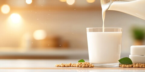 Soy milk pouring into glass with soybeans