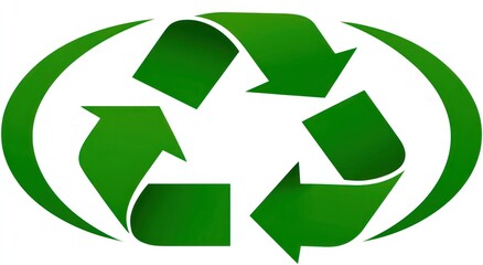 Obraz premium A stylized, vibrant green recycling symbol, elegantly designed with curved arrows, creating a powerful visual representation of environmental sustainability.