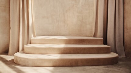 A staircase with a curtain in front of it. The curtain is white and the staircase is tan