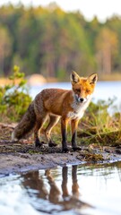 Fototapeta premium Red fox by lake