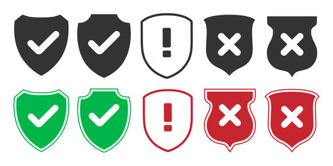 Check mark icon. Checkbox with right and wrong buttons and yes or no checkmark icons. Shield symbols with check mark and exclamation icons representing green box and red cross. vector illustration.