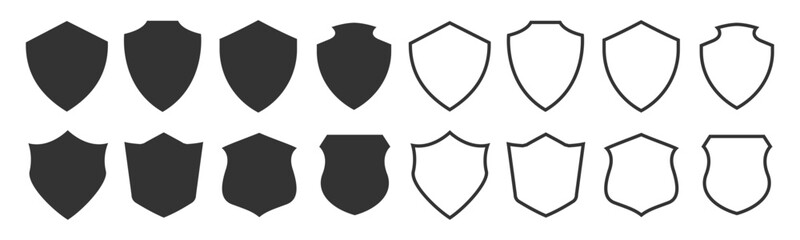 Shield icons set. Protect shield vector. Collection of security shield icons. Shield vector, police badge shape contours and linear signs