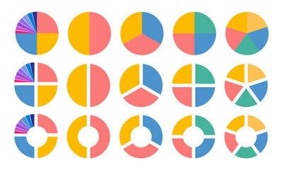 Pie chart icons. Segment slice sign. Circle section graph. Circle pie chart diagram. Colorful diagram collection with 1,2,3,4,5 sections or steps. Flat process cycle.