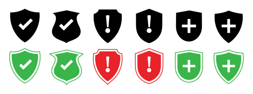 Set of shield, safety shield symbols with check mark and exclamation icons. right and wrong buttons and yes or no safety first checkmark