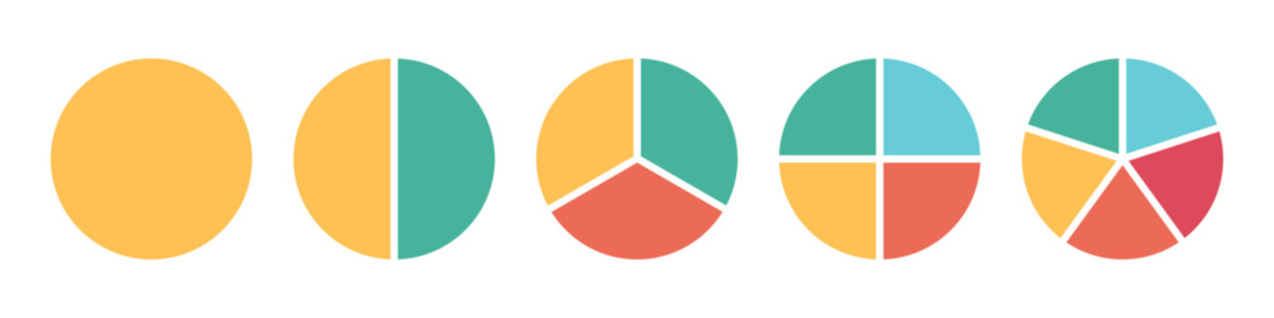 Pie chart set. Circle pie chart diagram. Circle icons for infographic or steps.. Colorful diagram collection with 1,2,3,4,5,6 sections or steps. Flat process cycle.