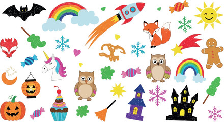 Vector art of whimsical handdrawn doodle elements for halloween and fantasy