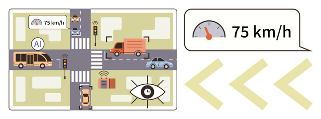 Vehicles navigate AI-managed intersection with traffic lights, speed monitor, and connected sensors. Ideal for smart cities, traffic safety, AI technology, urban planning, innovation, automation