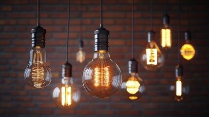 Illuminated Vintage Edison Bulbs Hanging Against Brick Wall