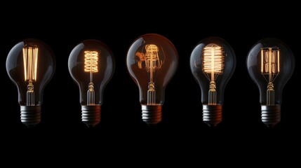 Five illuminated vintage light bulbs display various filament designs