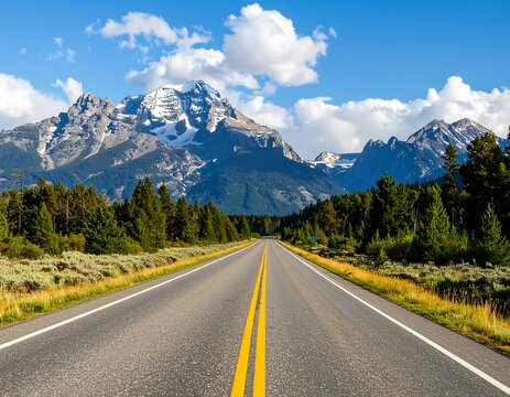 Scenic highway leading to snow-capped mountains