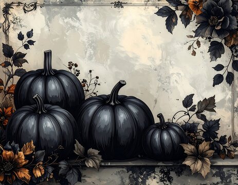 Dark pumpkins framed by autumnal leaves and flowers