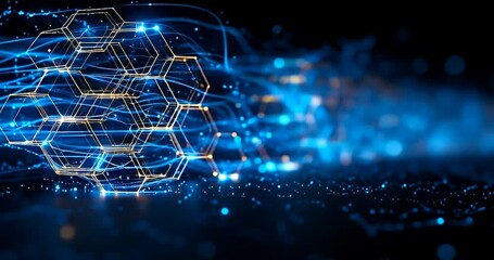 Abstract glowing blue hexagonal network structure with light trails and bokeh effect, symbolizing connectivity and digital information 4k video - Powered by Adobe