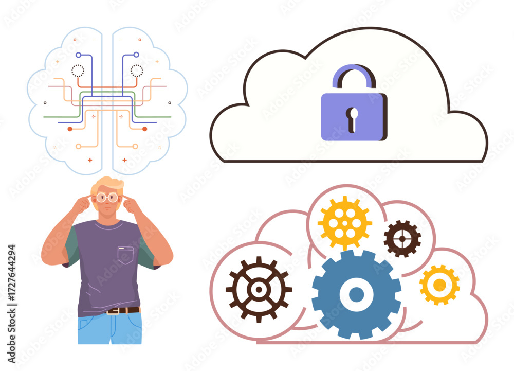 Poster man thinking with cloud visuals of ai circuits, secure data lock, and interconnected gears. ideal fo