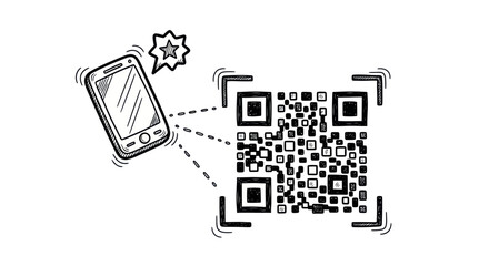 Hand-drawn smartphone scanning a QR code with a starburst.