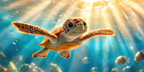 Adorable Baby Sea Turtle Swimming Underwater