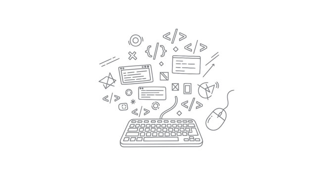 Hand-drawn sketch illustration of a computer keyboard with programming and web development icons.