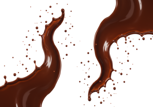 Two glossy dark chocolate splashes dynamically swirling upwards with suspended droplets, on a transparent studio background with copy space, high-speed macro photography, concept for luxury