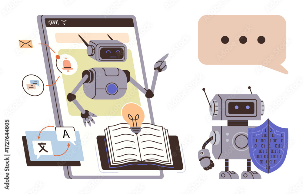 Poster robots interacting through smartphone screen with books, apps, and translation tools. chat bubble, s