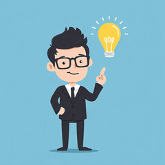 Cartoon businessman with lightbulb, pointing, idea