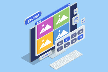 Isometric interface for AI image generation with prompts and variation buttons. Concept of artificial intelligence, creative automation and digital design tools.