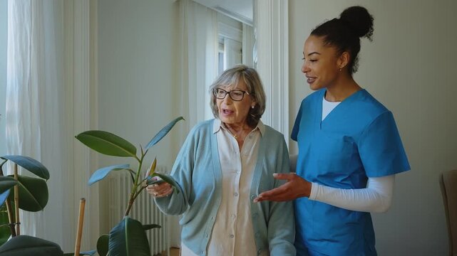 Supportive caregiver assisting a senior woman with a walker during rehabilitation at a nursing home. The patient is receiving professional help with mobility for a better and healthier life