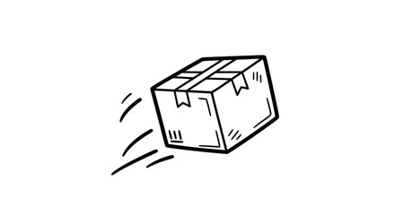 Simple line art illustration of a fast shipping package A hand-drawn cardboard box with motion lines. © Ilma