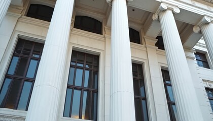 Fototapeta premium Building facade with tall white columns and dark windows. Classic architecture shows symmetry and grandeur. This structure has ornate details and timeless design.