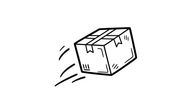 Simple line art illustration of a fast shipping package A hand-drawn cardboard box with motion lines.