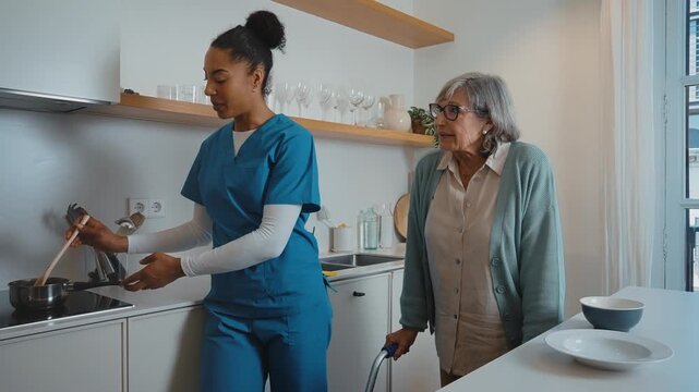 Kind caregiver preparing a hot meal and talking with a senior woman using a walker in a modern kitchen. Professional home assistance and support for the elderly and disabled