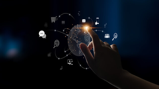 Visualization of global digital communication and online across multiple platforms, including global network, digital network, communication network, and online network. Latch - Powered by Adobe