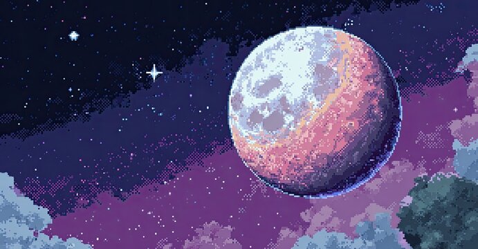 Pixelated space scene with a large moon