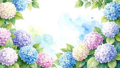 Hydrangeas and green leaves in watercolor style on white background, soft and vibrant