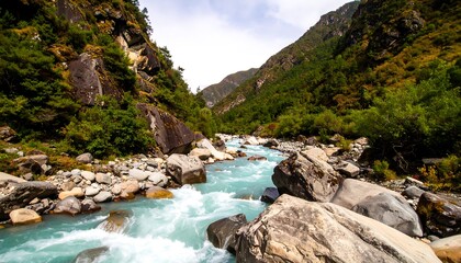 Turquoise river rushes through a steep gorge, surrounded by lush, rocky mountains