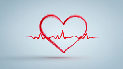 3D red heart connected to heartbeat waveform, clean medical backdrop for cardiology awareness and ads
