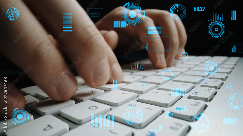 Poster close-up view of hands actively typing on a modern laptop keyboard, enhanced by digital holograms, s