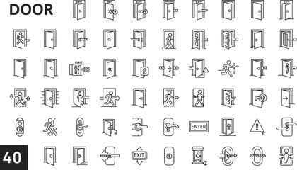 Door Icon Set Featuring Entry, Exit, Lock, Key, and Motion Symbols for UI, Architecture, Editorial, Apps, and Design Projects