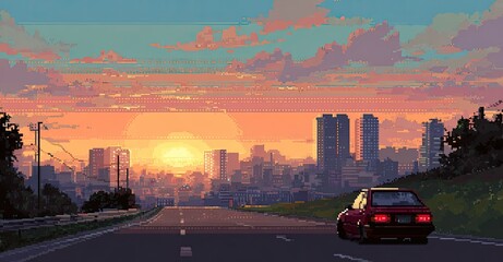 Pixelated cityscape at sunset