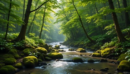 Sunlight filtering through a lush green forest illuminating a gentle flowing stream over mossy rocks