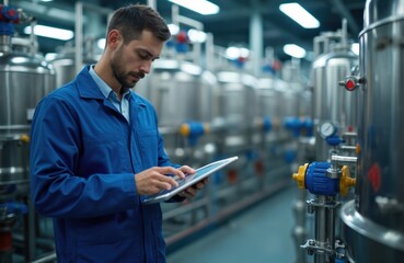 Factory worker uses tablet computer near large stainless steel tanks in beverage production plant. Man inspects manufacturing equipment and monitors control system for quality.