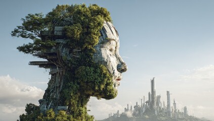 Obraz premium Hybrid figure of woman and tree, futuristic city in background
