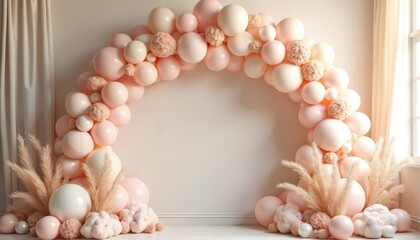 Pastel balloon arch with pampas grass and soft floral accents creates a chic backdrop. Elegant setup suits weddings baby showers and studio portraits. Pretty pastel decor.