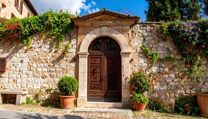 Ornate wooden door in brick archway framed by vines, foliage and terra cotta pots