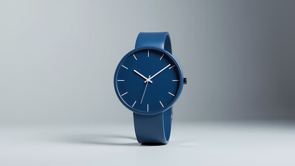 Blue minimalist watch rests in soft light—precise, modern, and quietly elegant against neutral gray.
