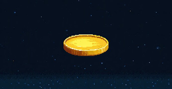 Golden coin in pixelated space