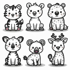 Obraz premium Cute cartoon animals collection includes tiger cub, polar bear, snow leopard cub, zebra foal, koala, fawn. Adorable baby wildlife characters for kids education decor. Simple outline drawings, white