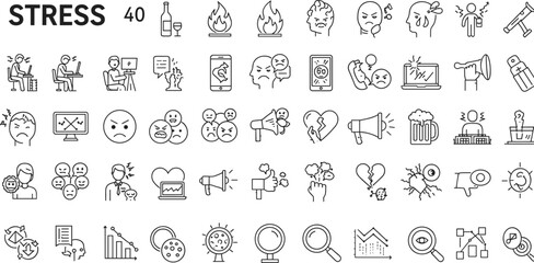 Stress Icon Set Featuring Emotional Distress, Work Pressure, Decline Symbols, and Mental Strain for UI, Editorial, Education, and Design Projects