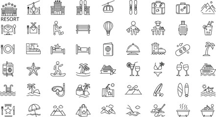 Travel and Vacation Icon Set Featuring Transport, Activities, Nature, Food, and Leisure Symbols for UI, Editorial, Apps, and Design Projects
