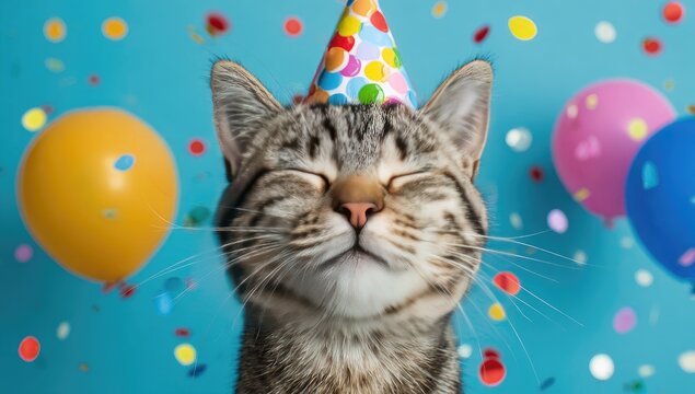 Happy tabby cat wearing a party hat amidst confetti and balloons
