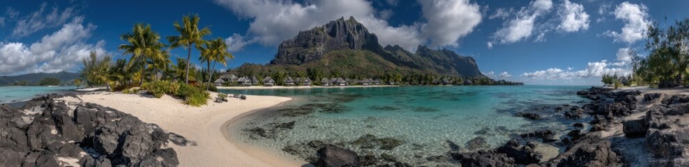 Fototapeta premium A tranquil tropical beach scene showcases a secluded cove, serene turquoise water, and a dramatic mountain backdrop.