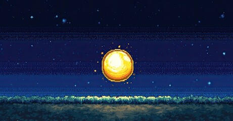 Pixelated golden orb rising over a night landscape